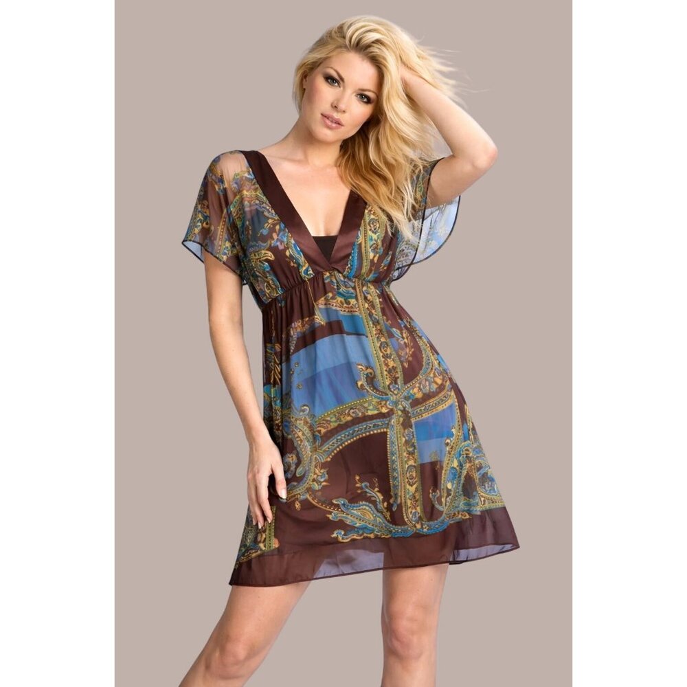Breakin Loose Size 14 Blue Brown Paisley Dress Sheer Chiffon Glamcore Resortcore - Picture 10 of 10